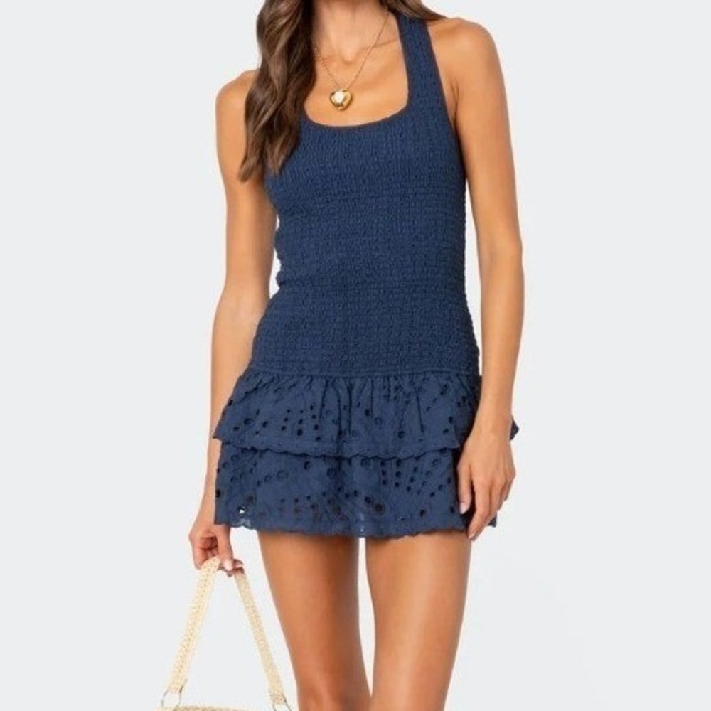 Edikted M Scrunchy Ruffled Eyelet Mini Dress Blue Boho Summer Coquette Ballet